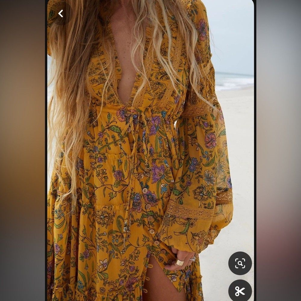 Free People Cassis Chiffon Maxi Dress Turmeric Floral Tiered Boho Festival Large - Picture 2 of 15
